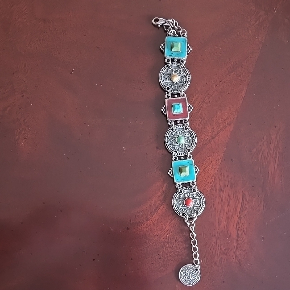 Vintage Silver Tone With Multicolor Beads Panel Bracelet